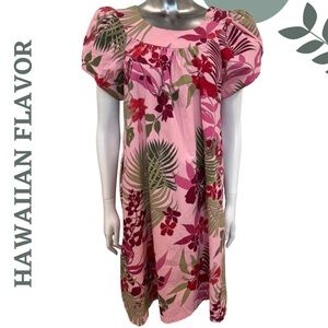 Vintage-Inspired Hawaiian Flavor Island Print Dress | Tulip Puff Sleeves | Small